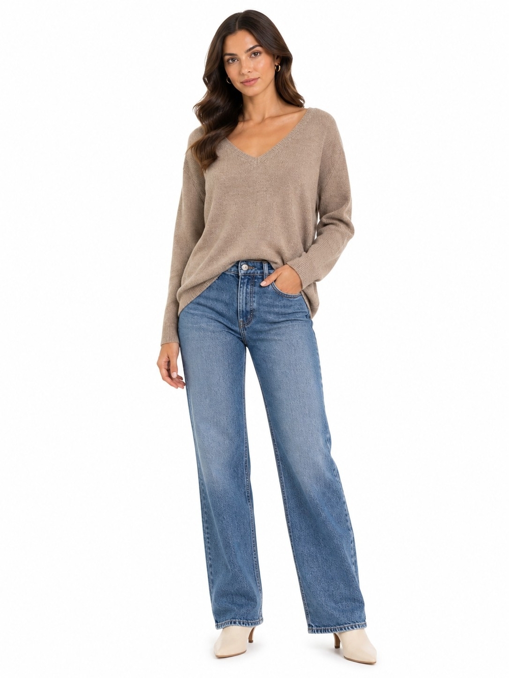 NY&C Beige V-neck Long Sleeve Classic Sweater
